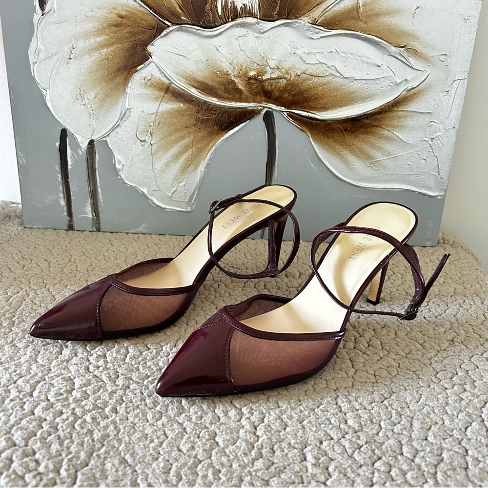 Nine West Burgundy Slingback Heels | Pointed Toe | Size 8.5 | Patent + Mesh